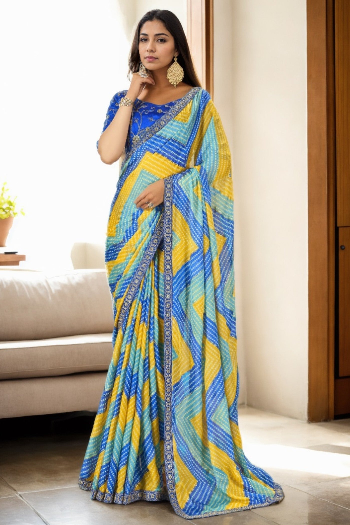 Azure Blue and Yellow Bandhani Digital Printed Silk Saree