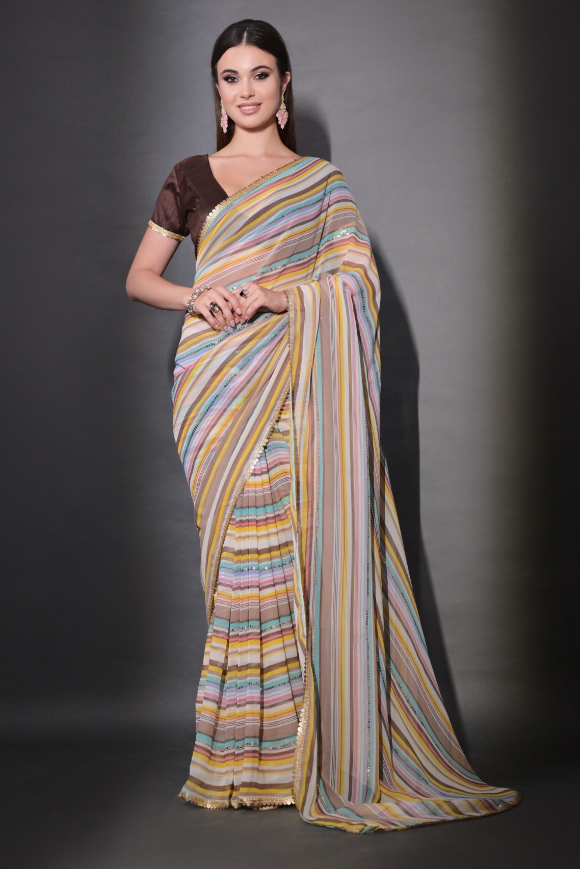 Teak Brown Georgette Lehriya Silk Saree