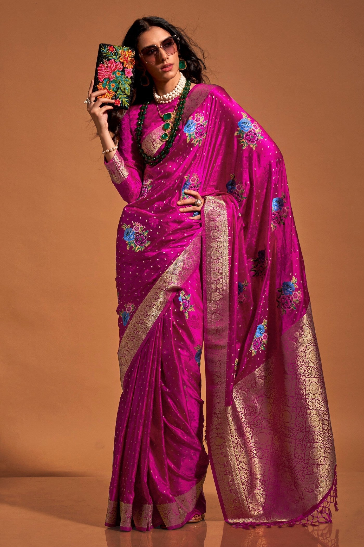 Cerise Pink Handloom Satin Silk Saree