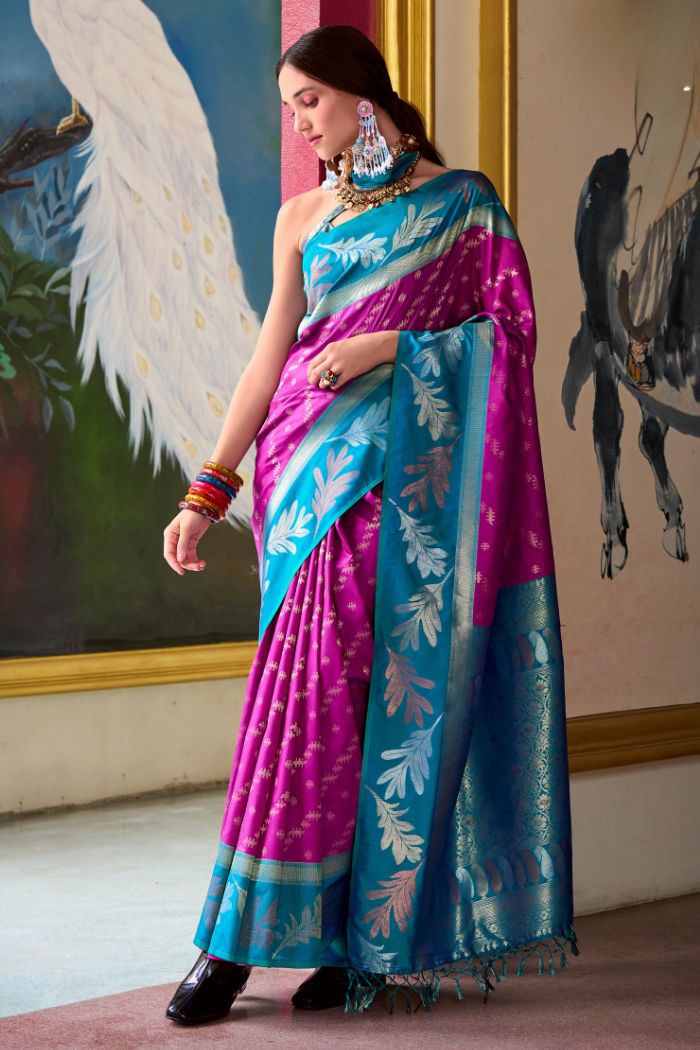 Mulberry Purple and Blue Banarasi Soft Silk Saree