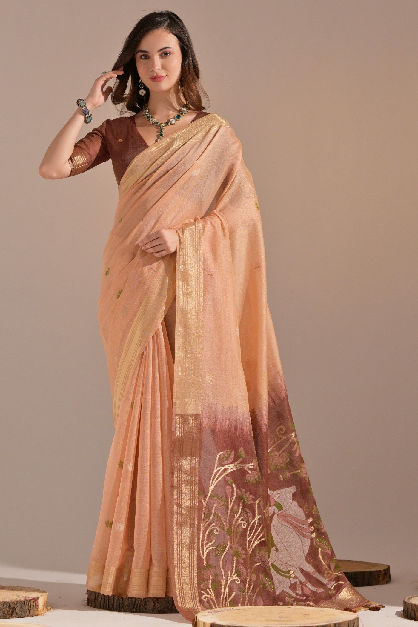 Plum Peach Woven Muga Cotton Saree