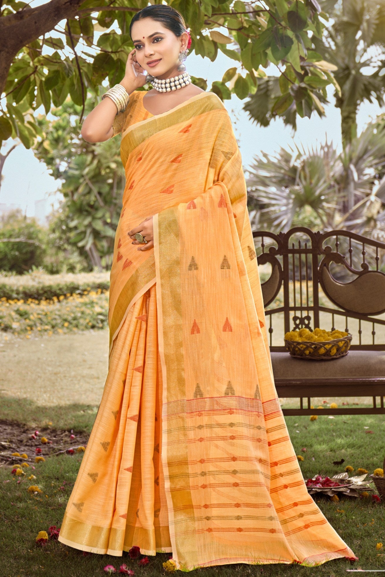 Rajah Orange Cotton Silk Saree