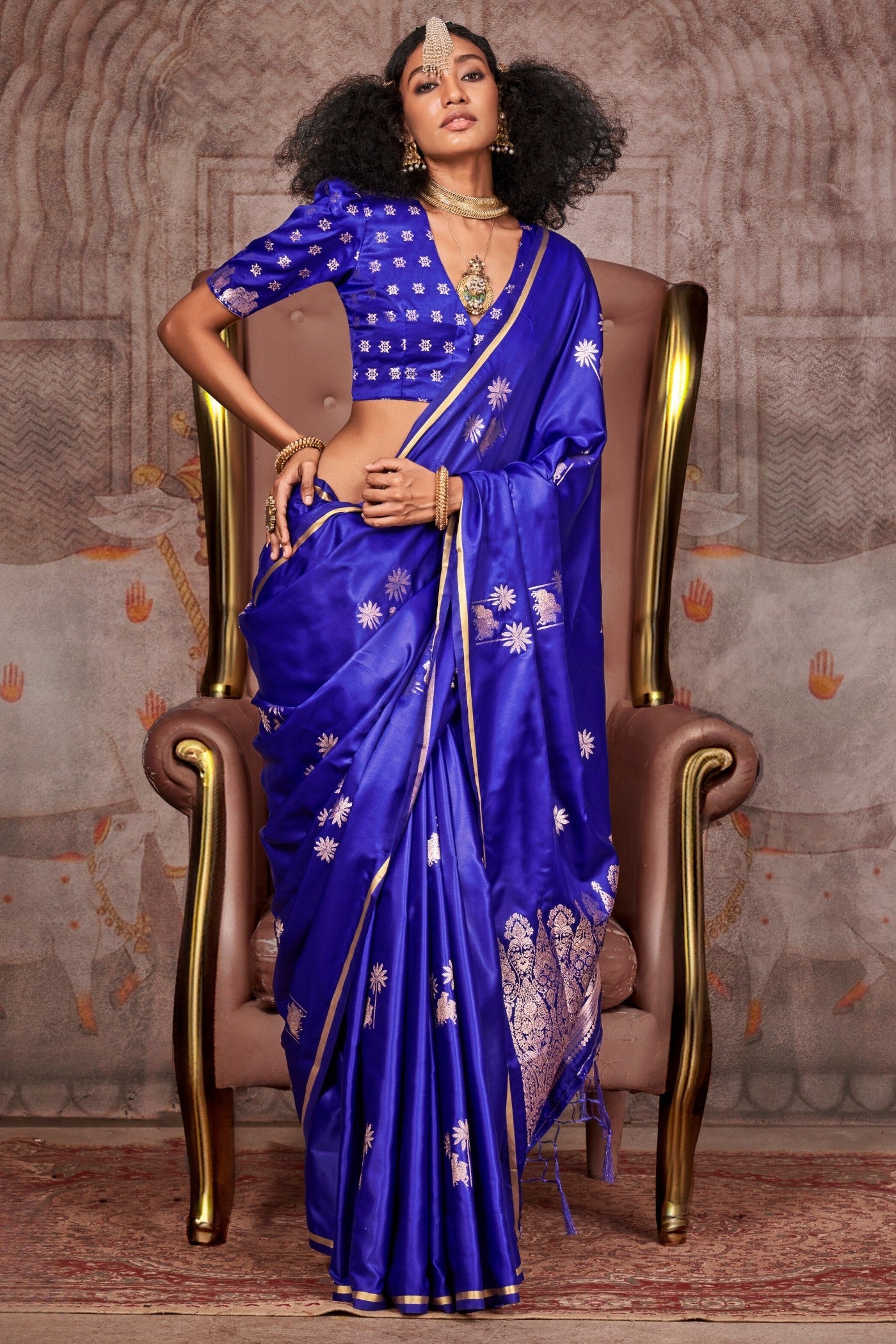 Cobalt Blue Banarasi Pichwai Satin Saree