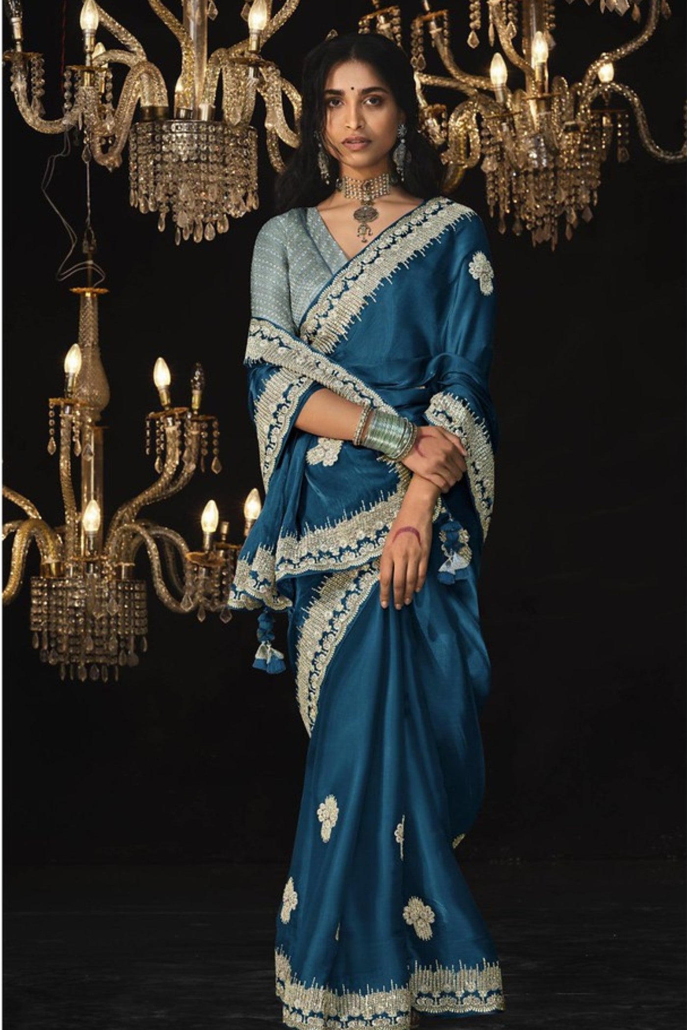 Neon Blue Tissue Embroidered Designer Saree