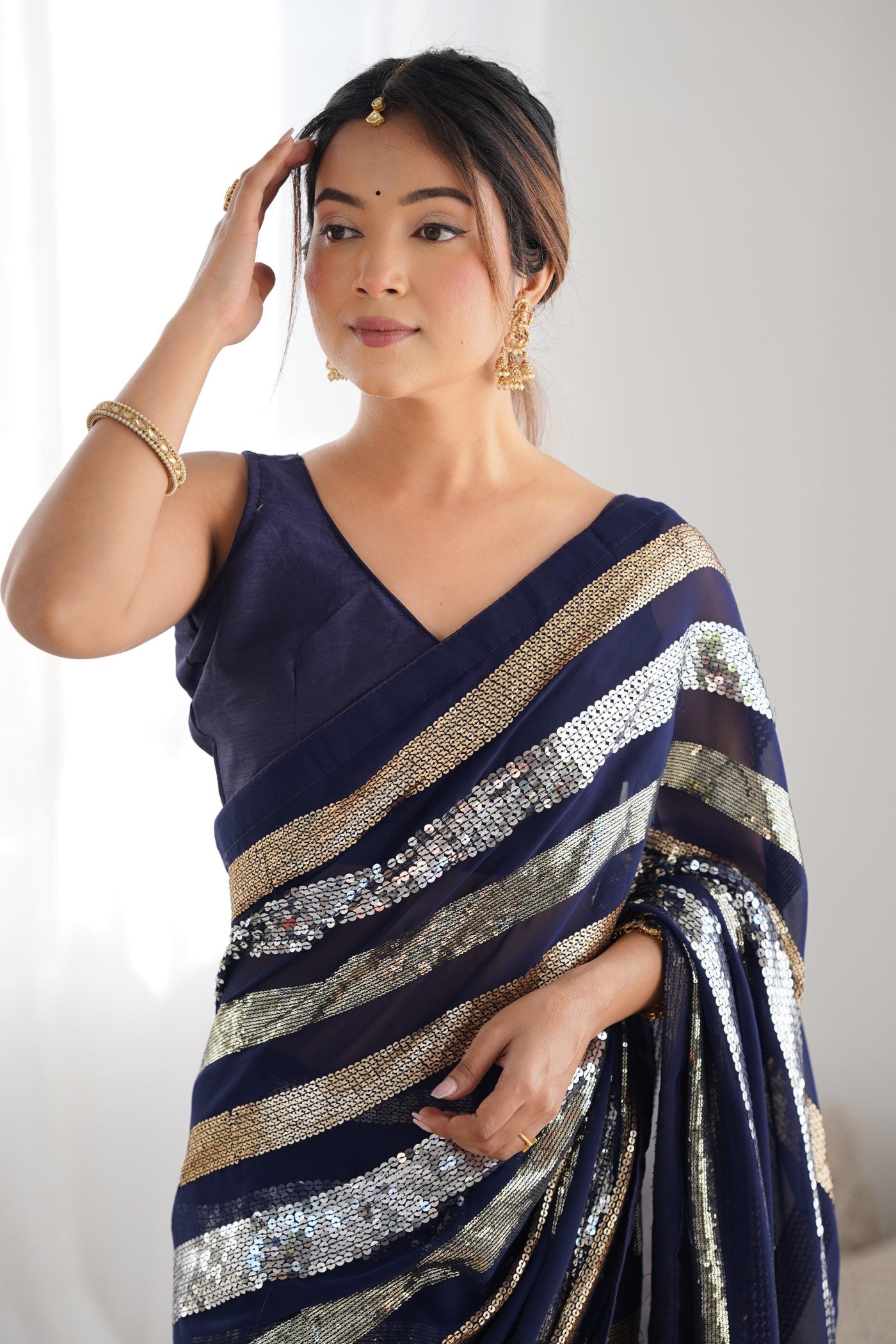 Navy Blue Georgette Partywear Saree