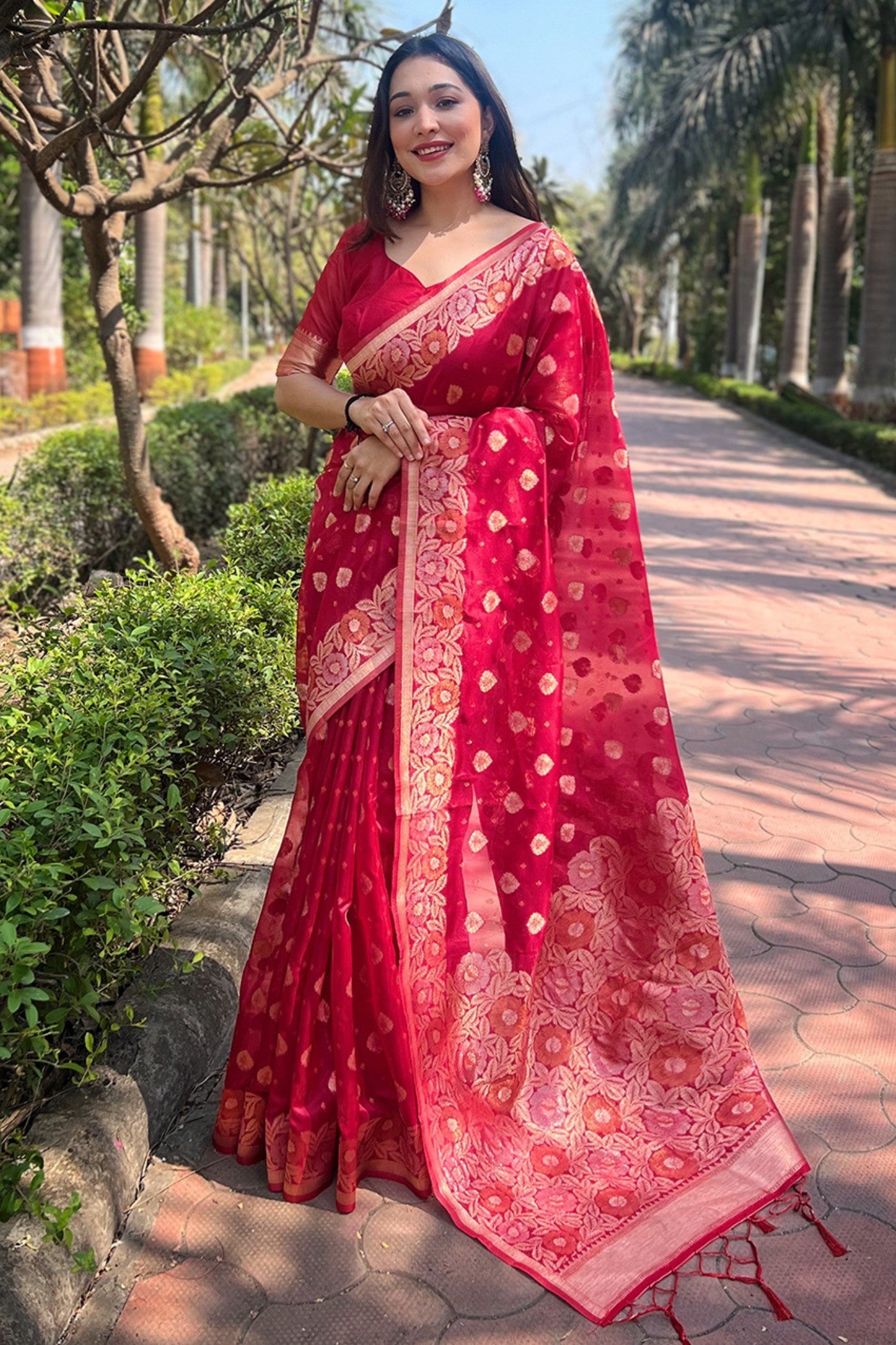 Rose Pearl Red Zari Woven Organza Saree