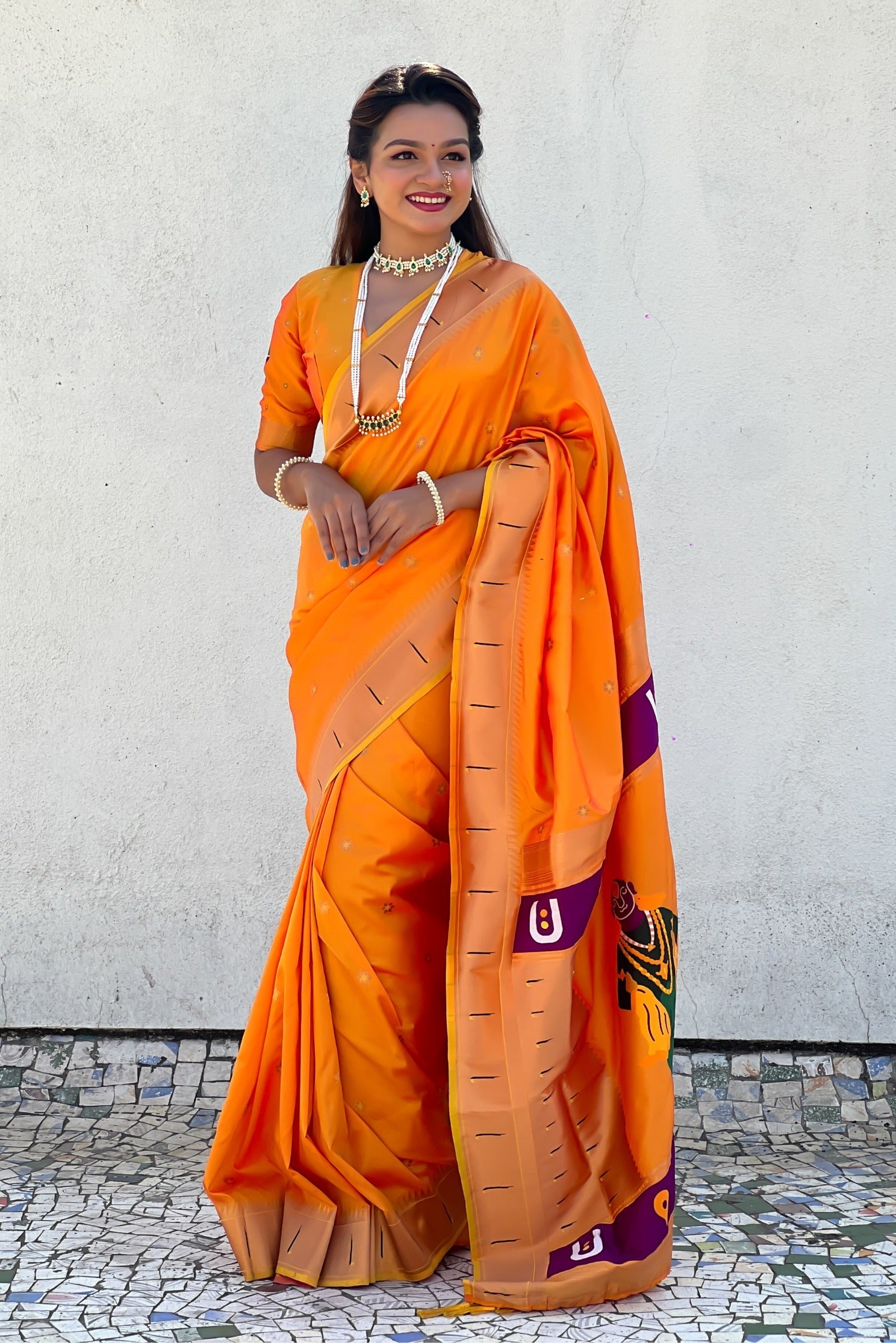 Neon Orange Woven Paithani Saree