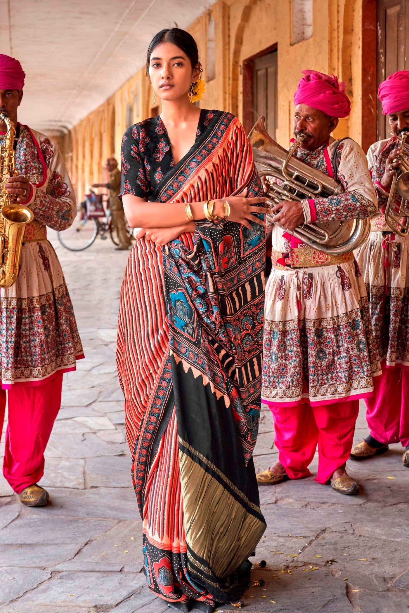 New York Peach Ajrakh Handprinted Satin Saree