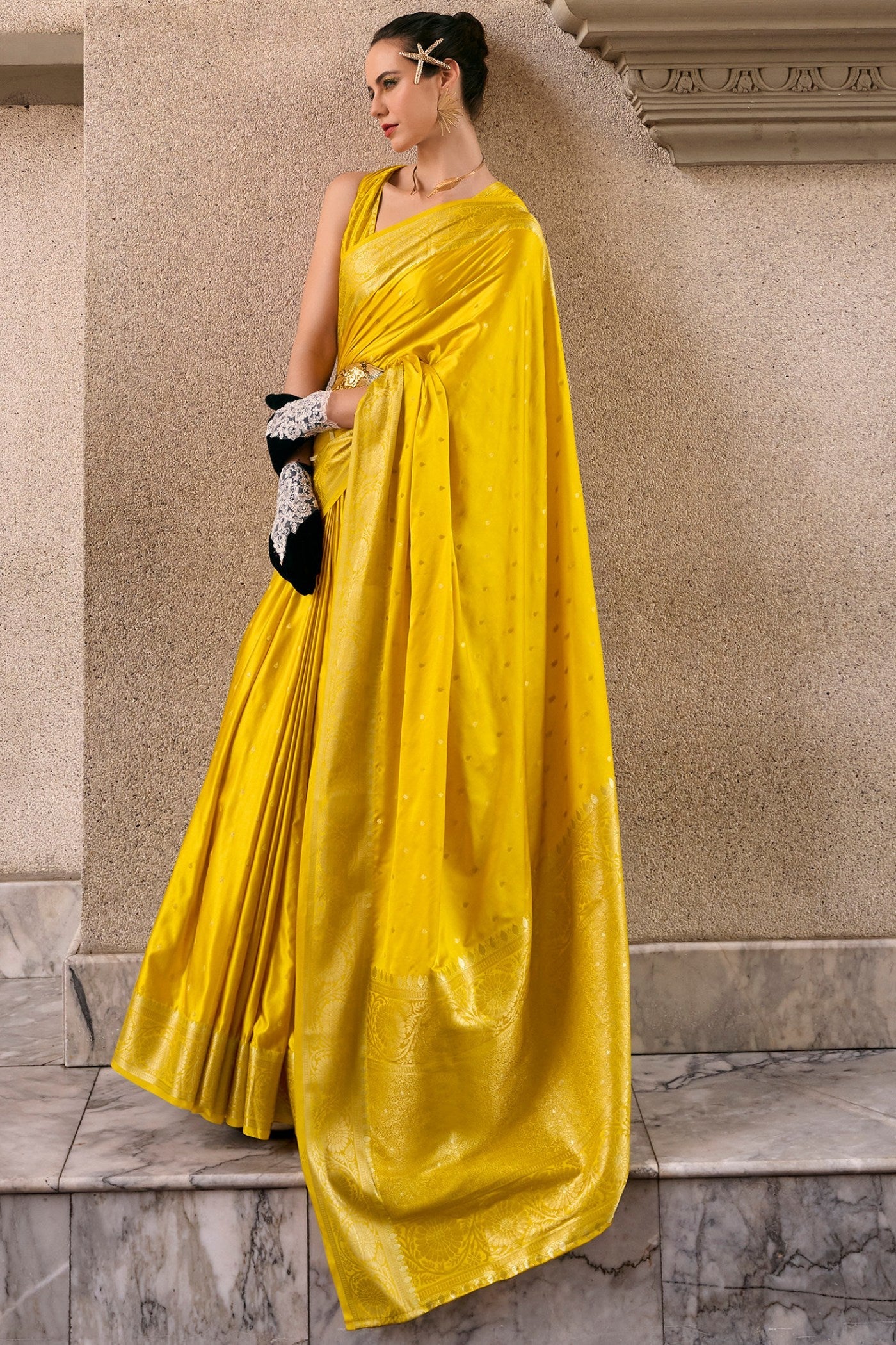 Tulip Yellow Handloom Satin Silk Saree