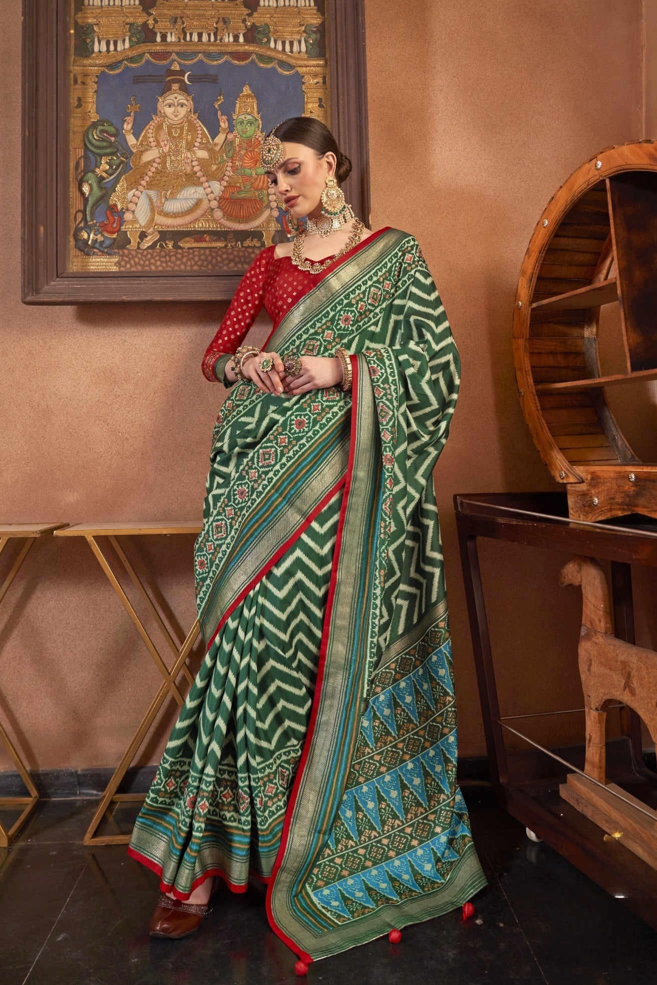 Asparagus Green Printed Patola Saree