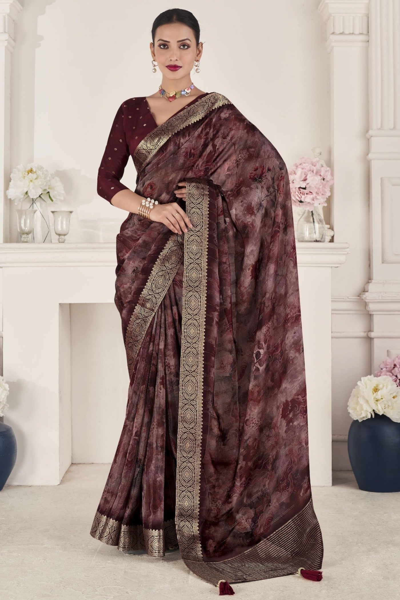 Dark Coffee Brown Banarasi Silk Saree