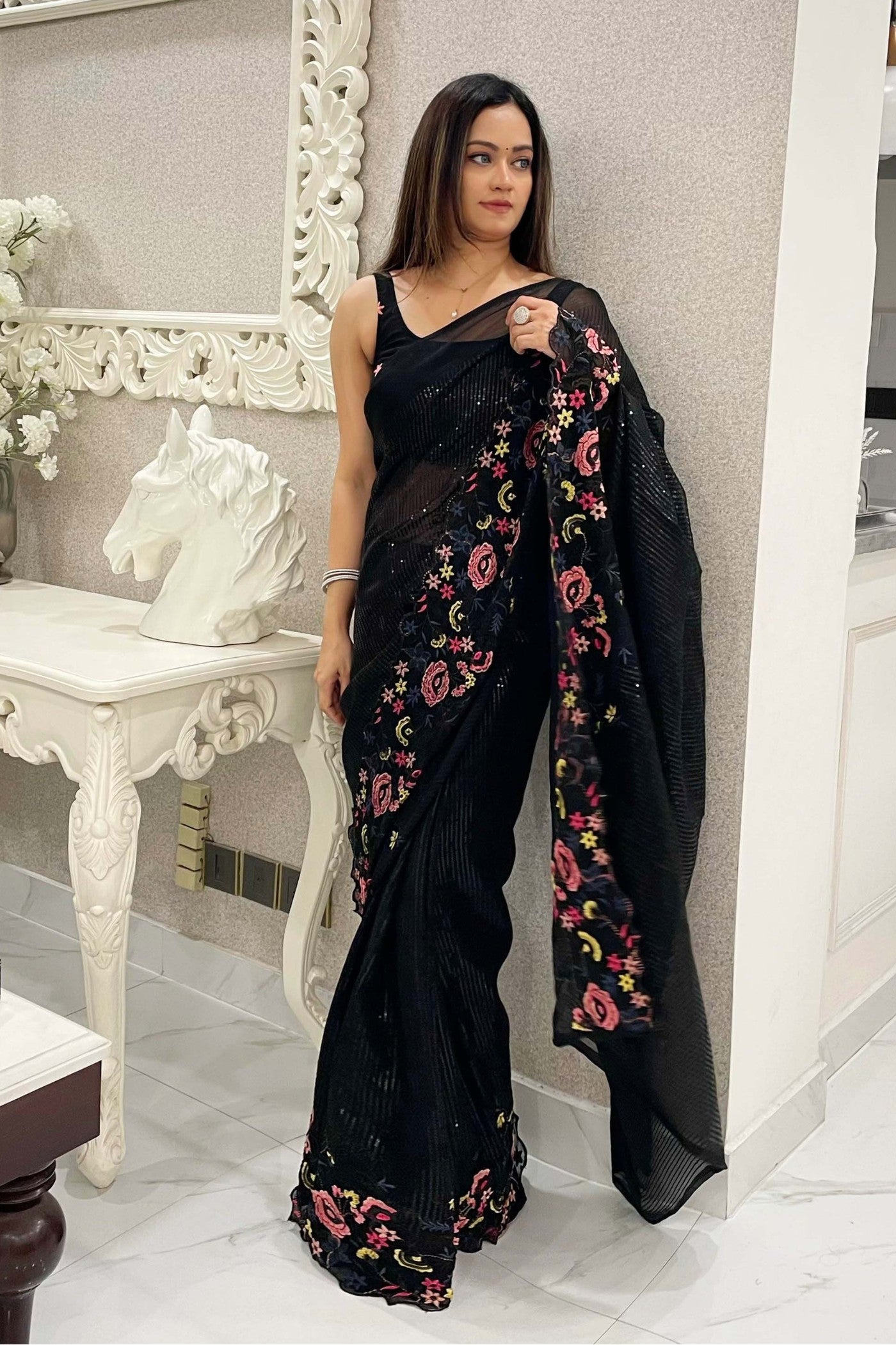 Obsidian Black Embroidered Partywear Saree