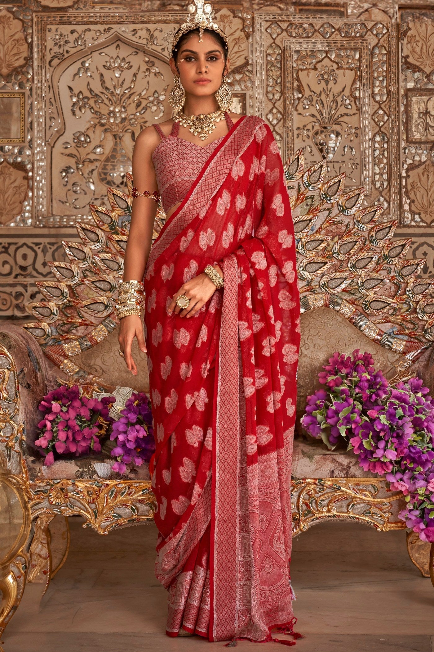 Chilli Red Zari Woven Georgette Saree