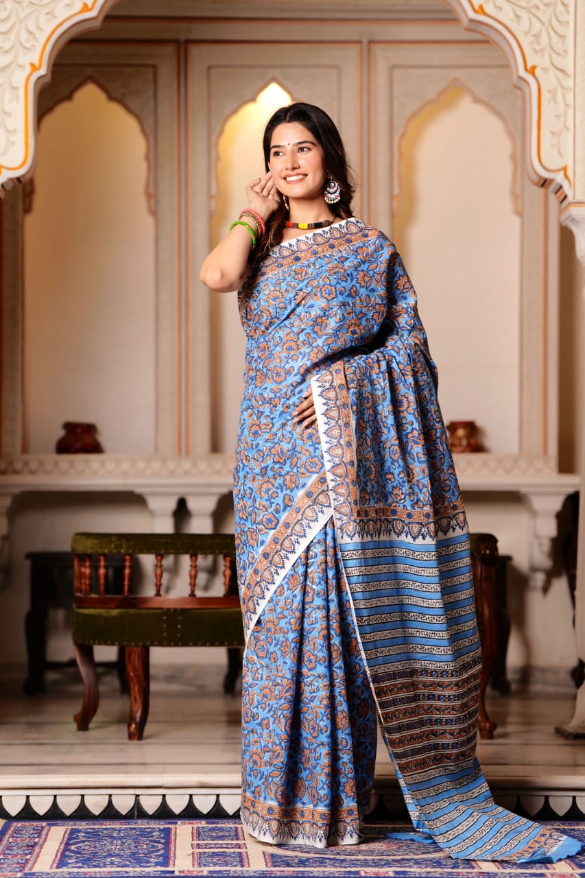 Hoki Blue Pure Cotton Handblock Printed Saree