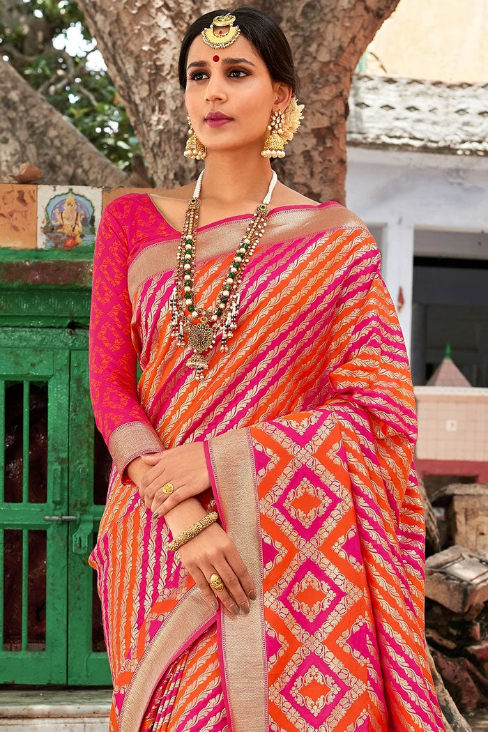 Hot Pink and Orange Handloom Designer Banarasi Saree