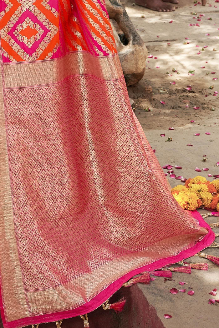 Hot Pink and Orange Handloom Designer Banarasi Saree