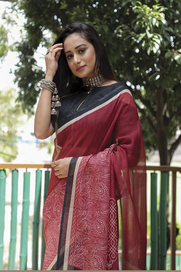 Maroon Color Linen Digital Printed Saree