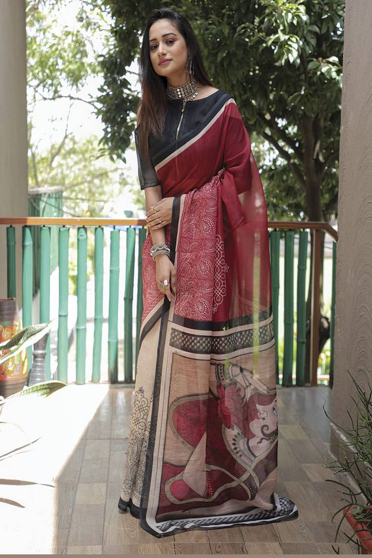 Maroon Color Linen Digital Printed Saree