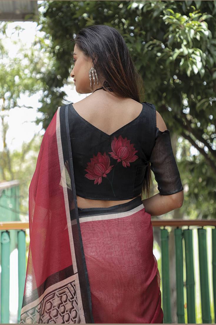 Maroon Color Linen Digital Printed Saree