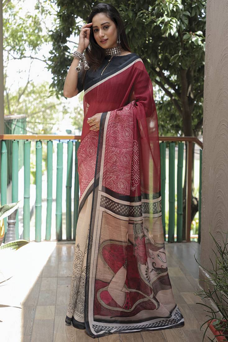 Maroon Color Linen Digital Printed Saree