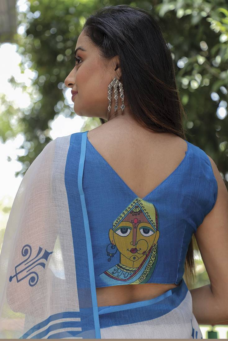 White and Blue Color Linen Digital Printed Saree