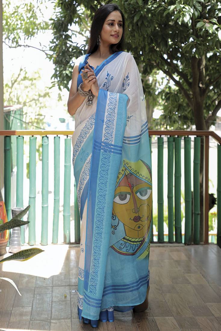 White and Blue Color Linen Digital Printed Saree