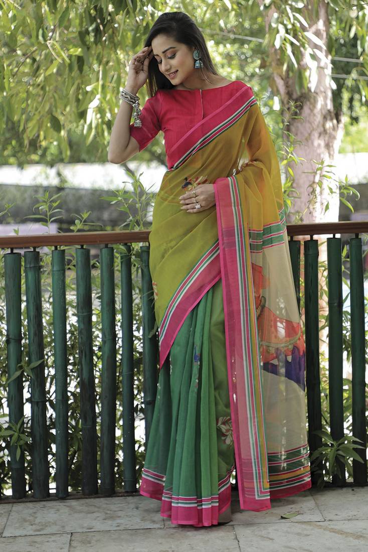 MultiColor Linen Digital Printed Saree