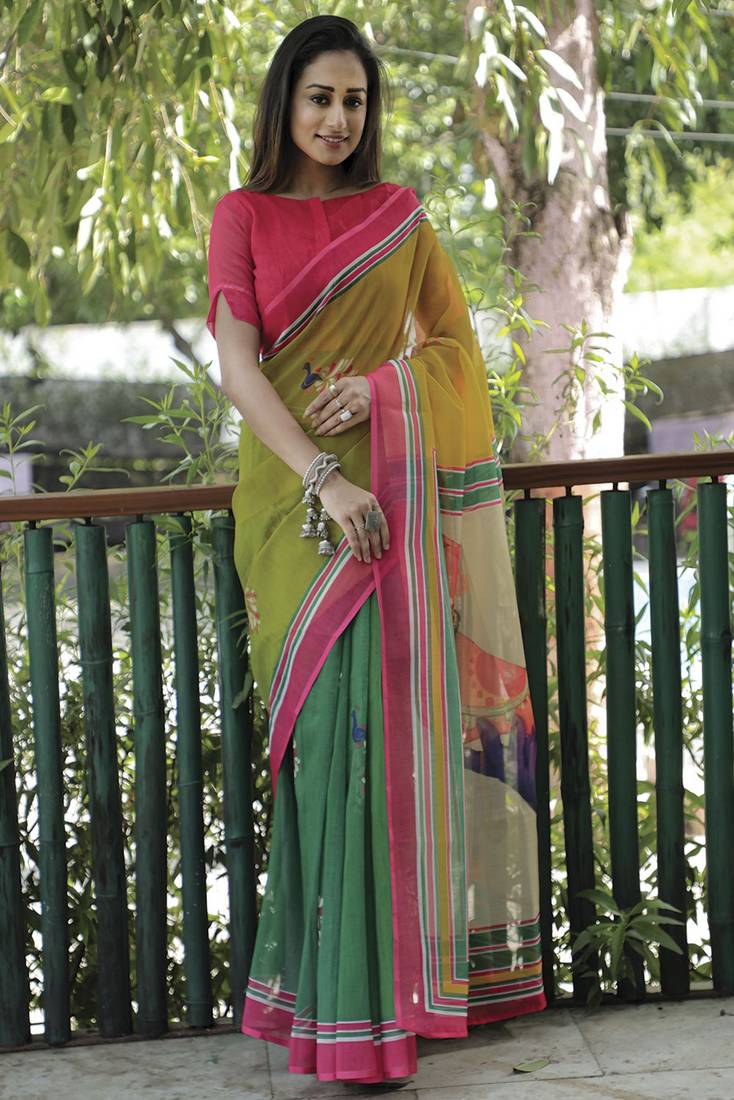 MultiColor Linen Digital Printed Saree