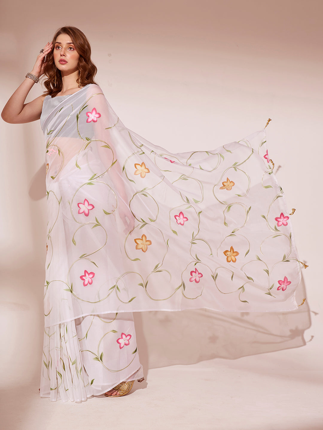 Pearl White Printed Organza Saree