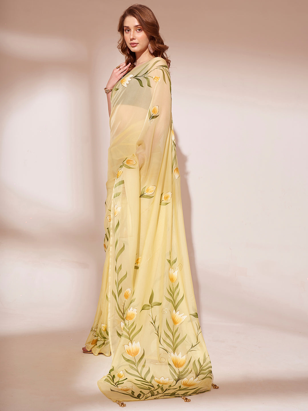 Shalimar Yellow  Printed Organza Saree