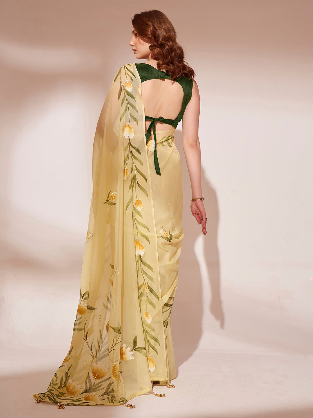 Shalimar Yellow  Printed Organza Saree