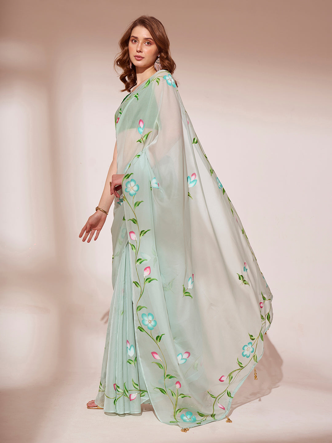 Pewter Green Printed Organza Saree