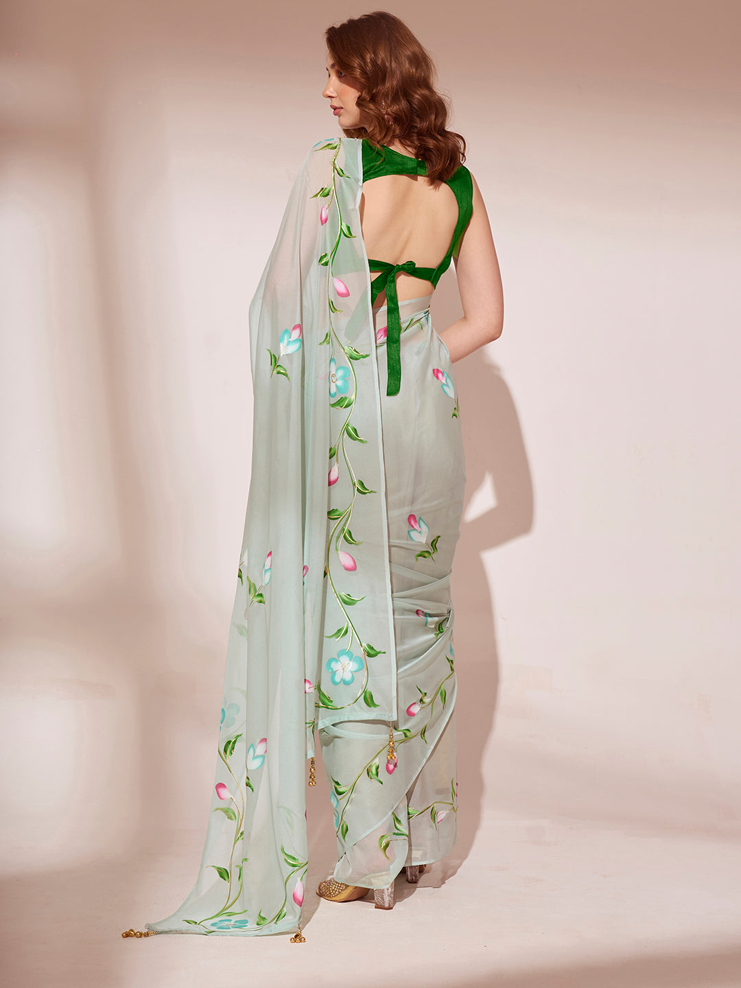 Pewter Green Printed Organza Saree