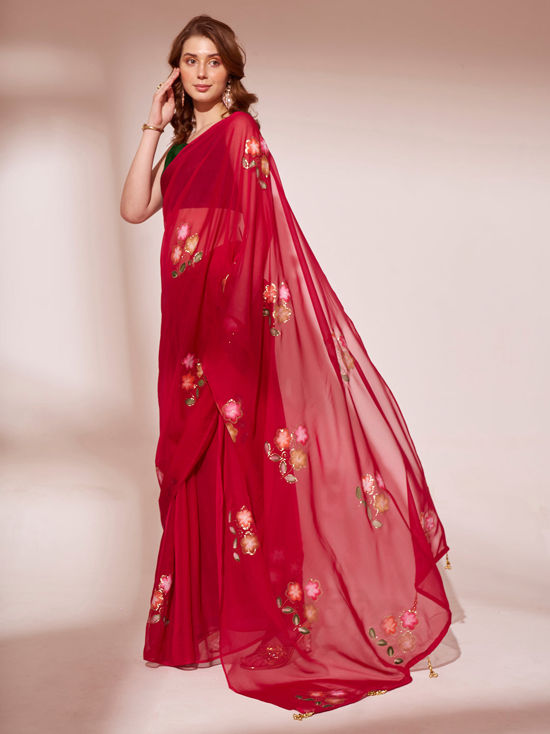 Crimson Red Printed Organza Saree