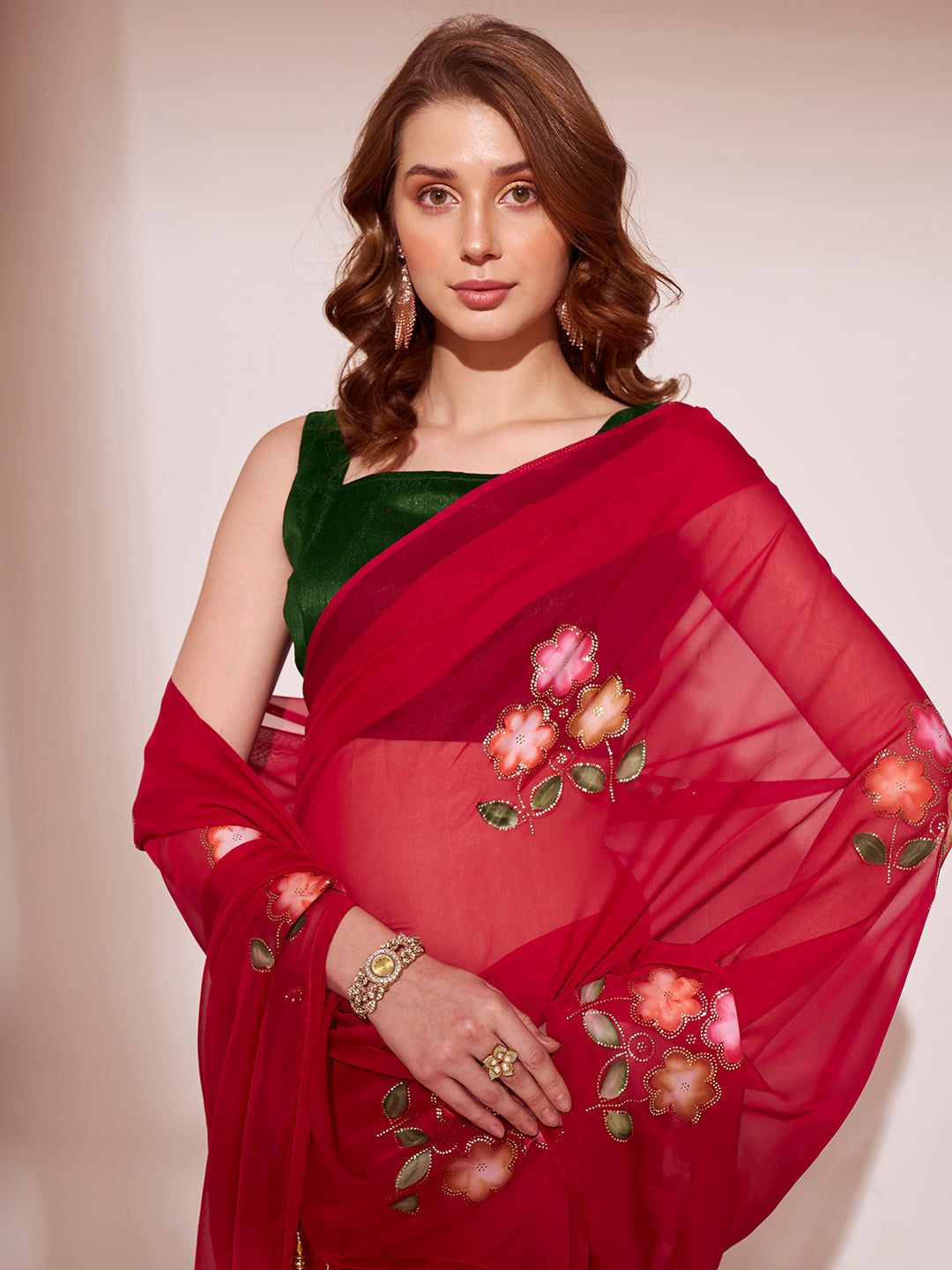 Crimson Red Printed Organza Saree