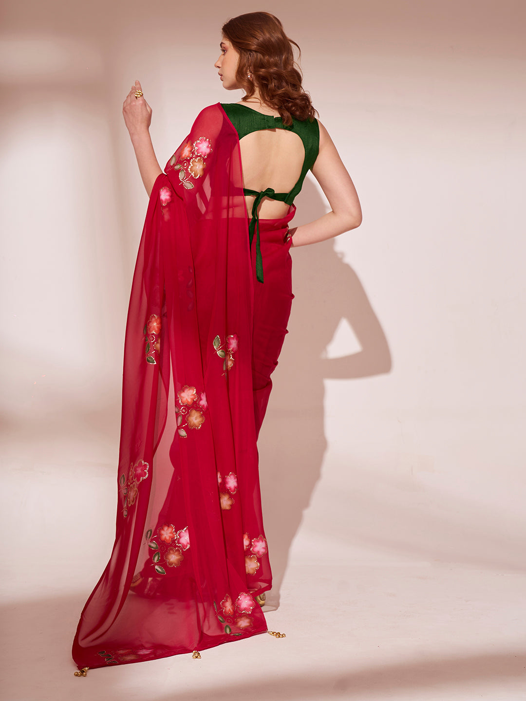 Crimson Red Printed Organza Saree