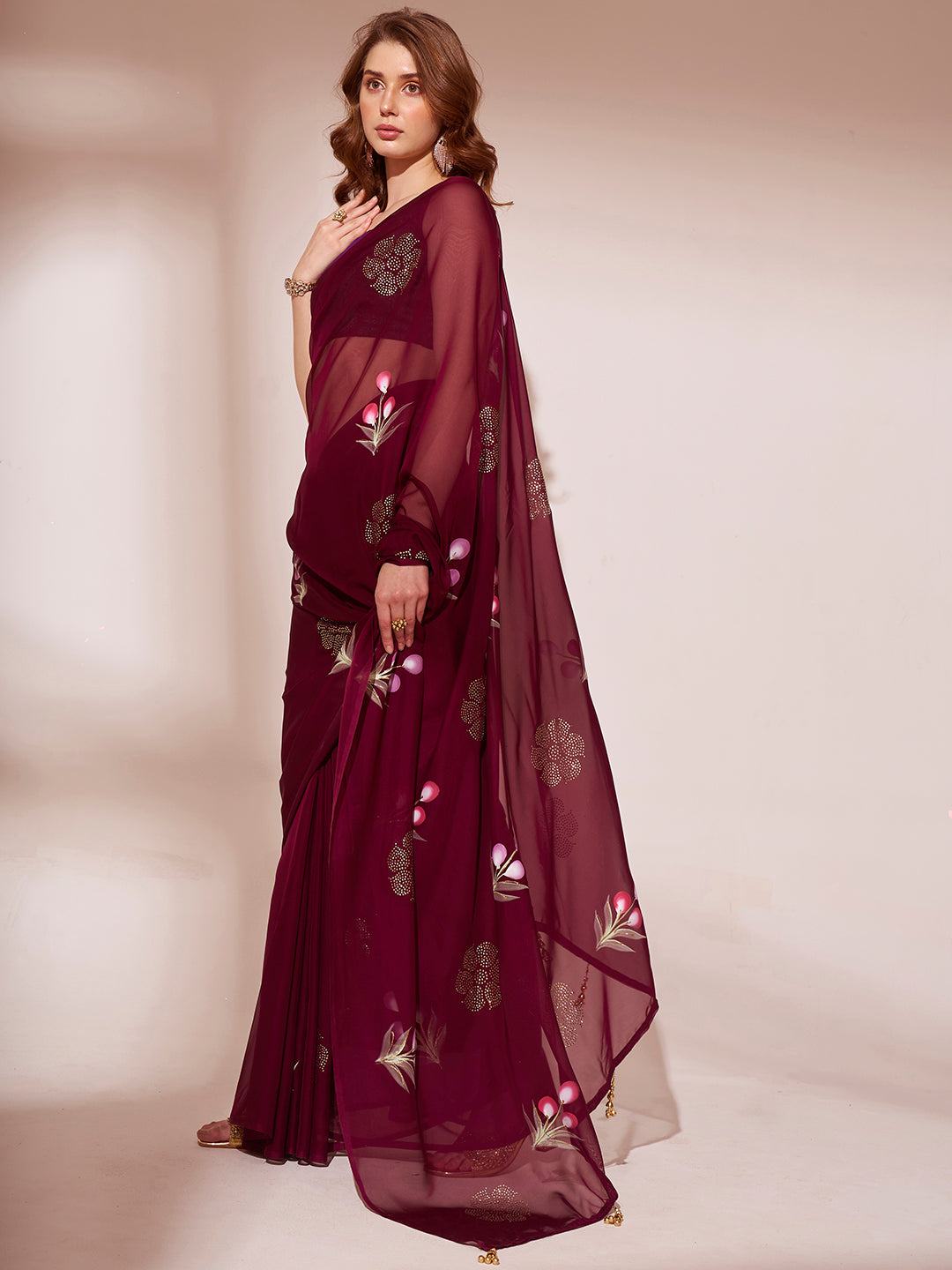 Bordeaux Maroon Printed Organza Saree