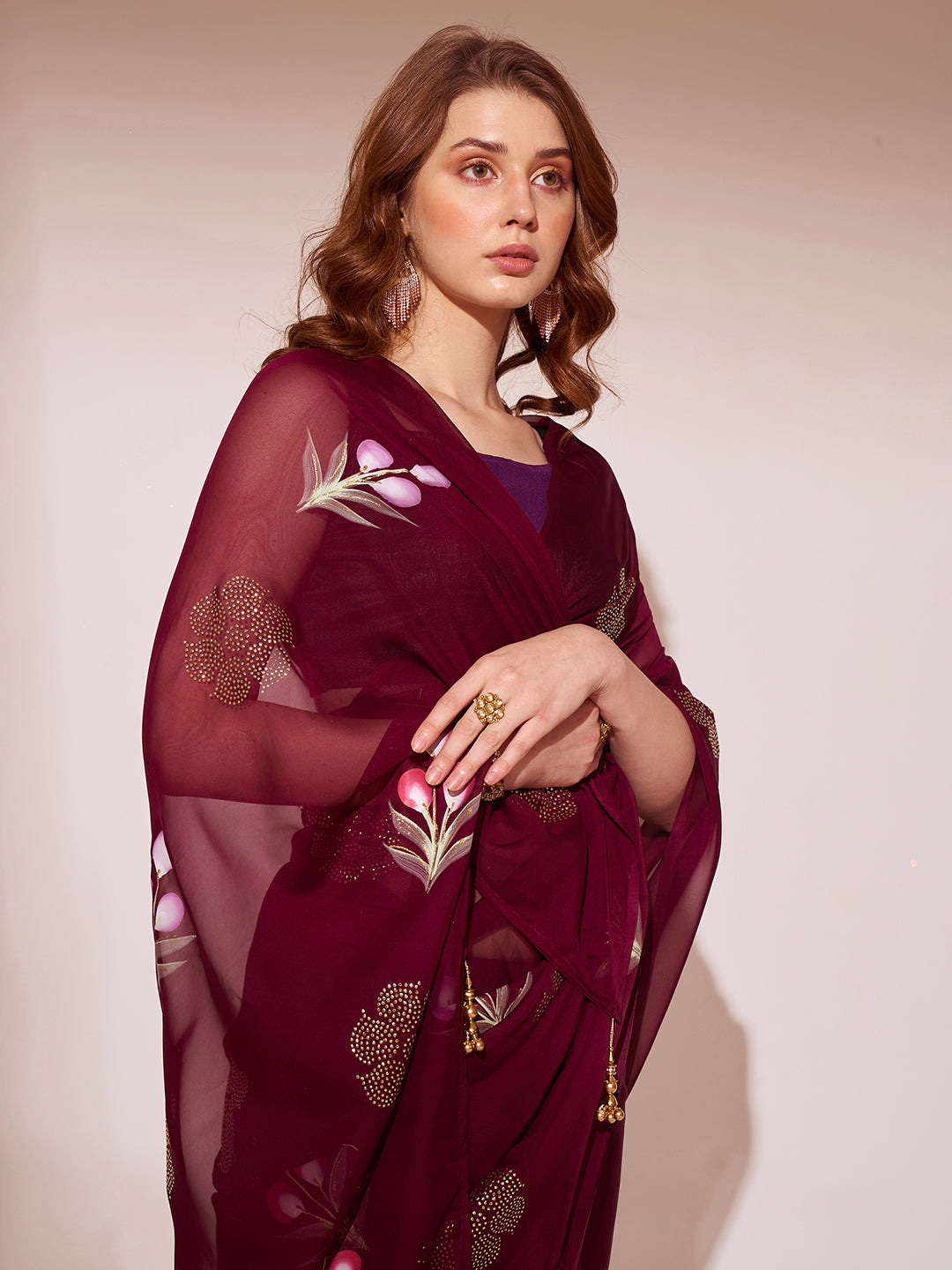 Bordeaux Maroon Printed Organza Saree