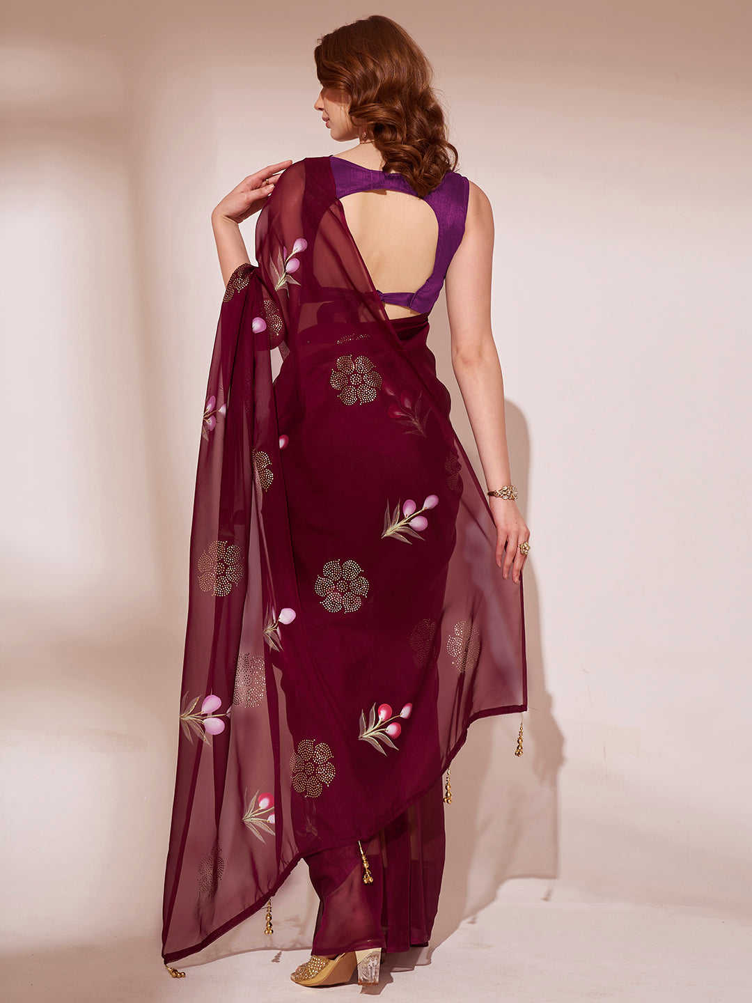 Bordeaux Maroon Printed Organza Saree