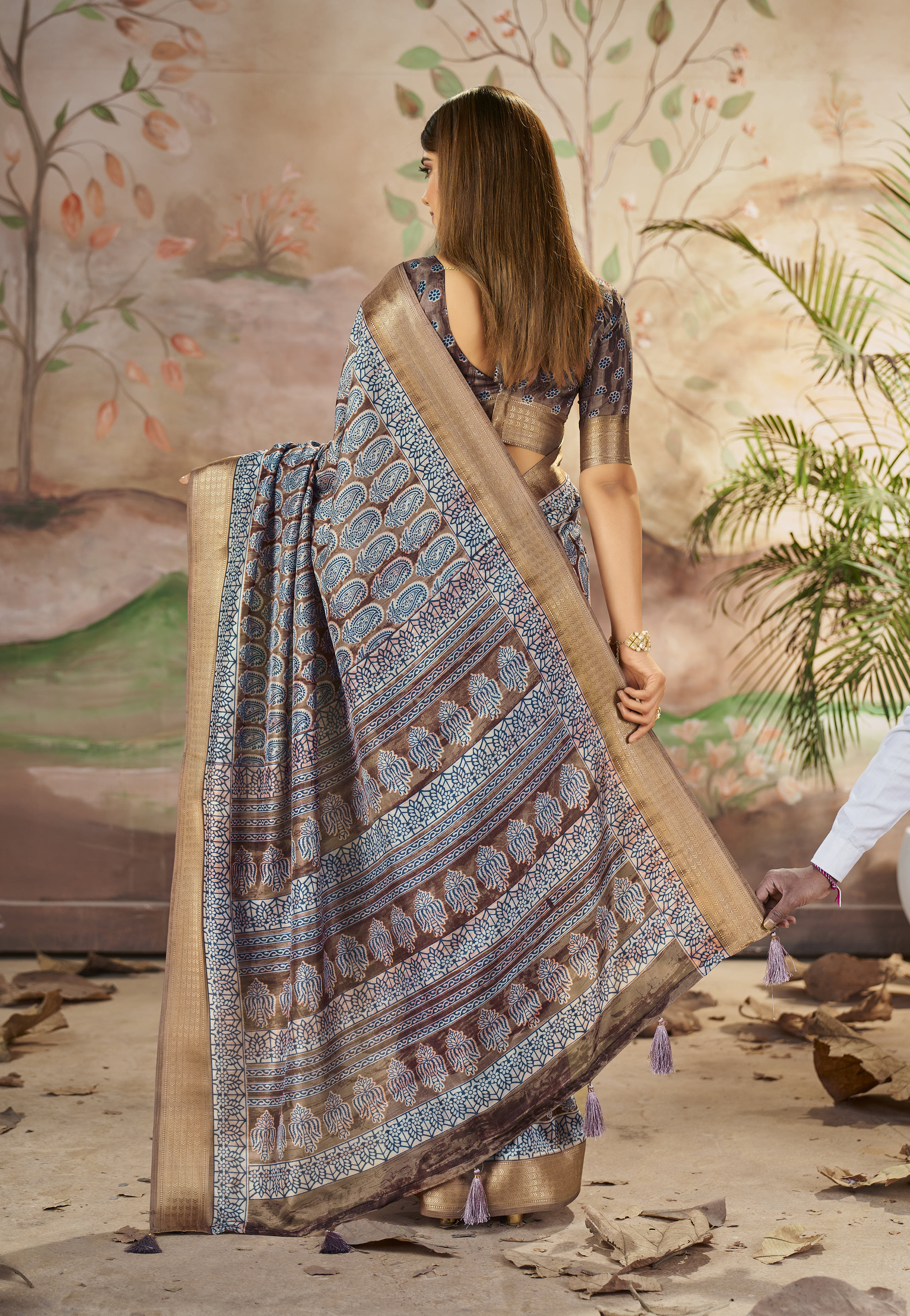 Hemp Brown Designer Printed Dola Silk Saree