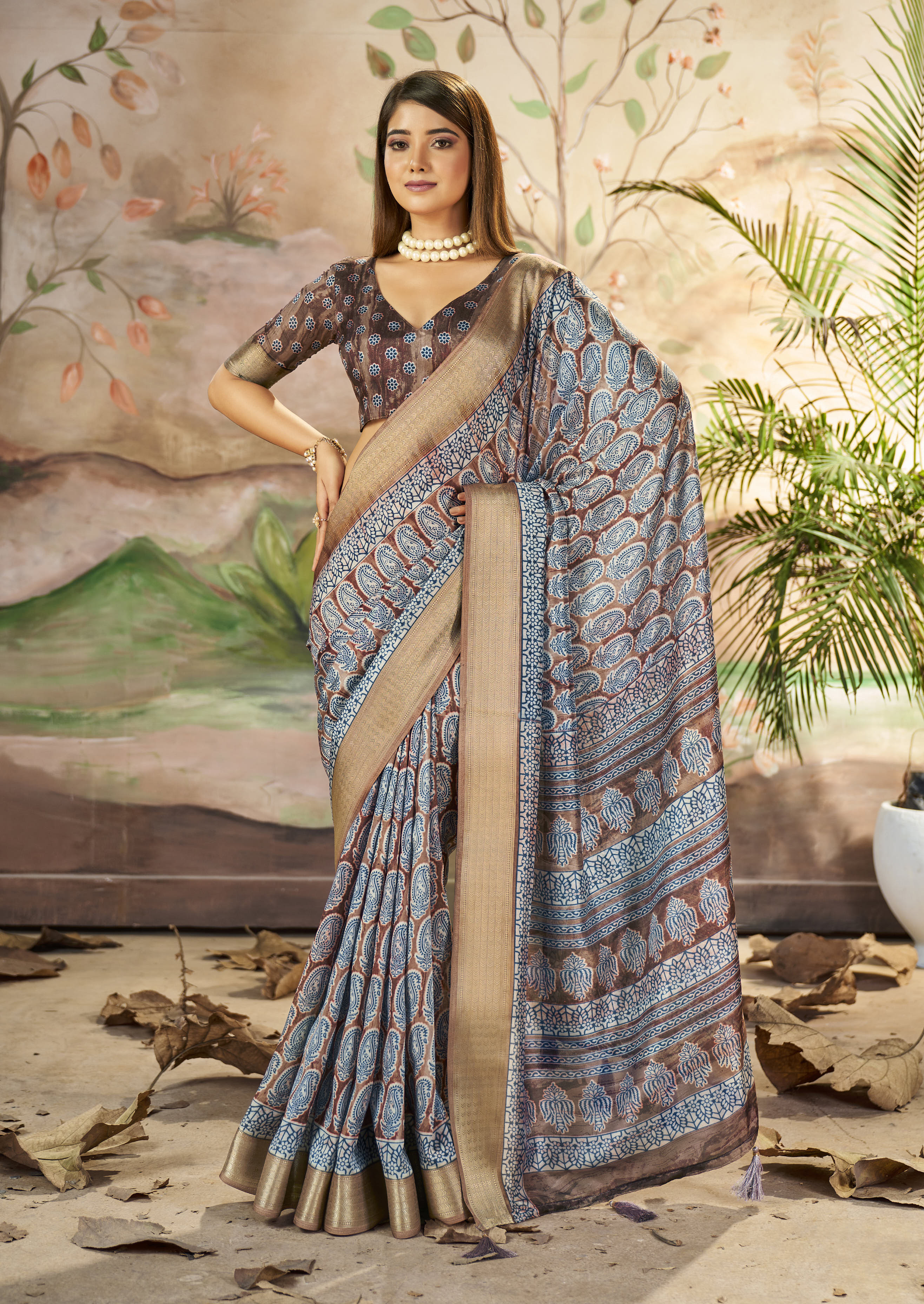 Hemp Brown Designer Printed Dola Silk Saree