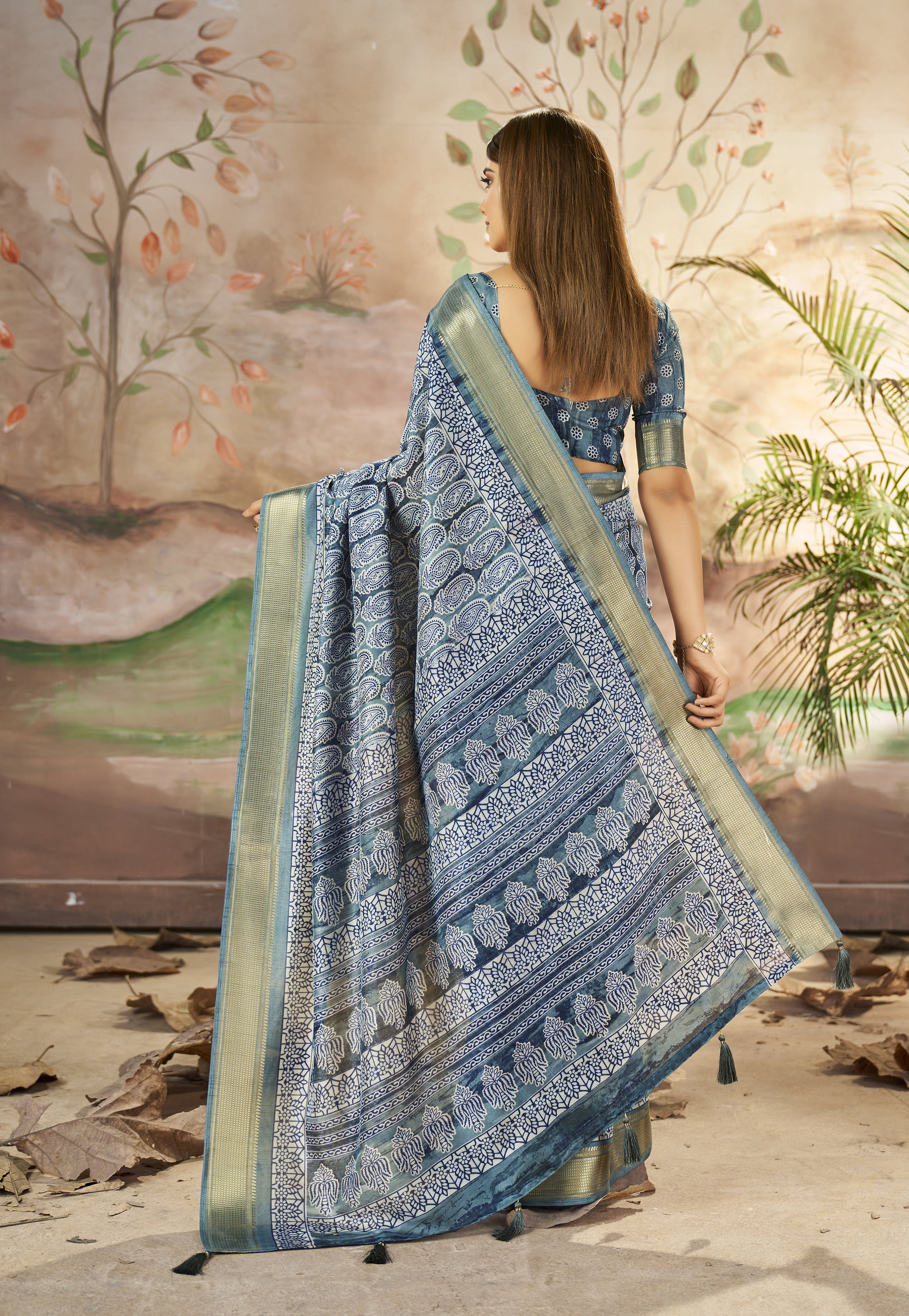 Regent Blue Designer Printed Dola Silk Saree