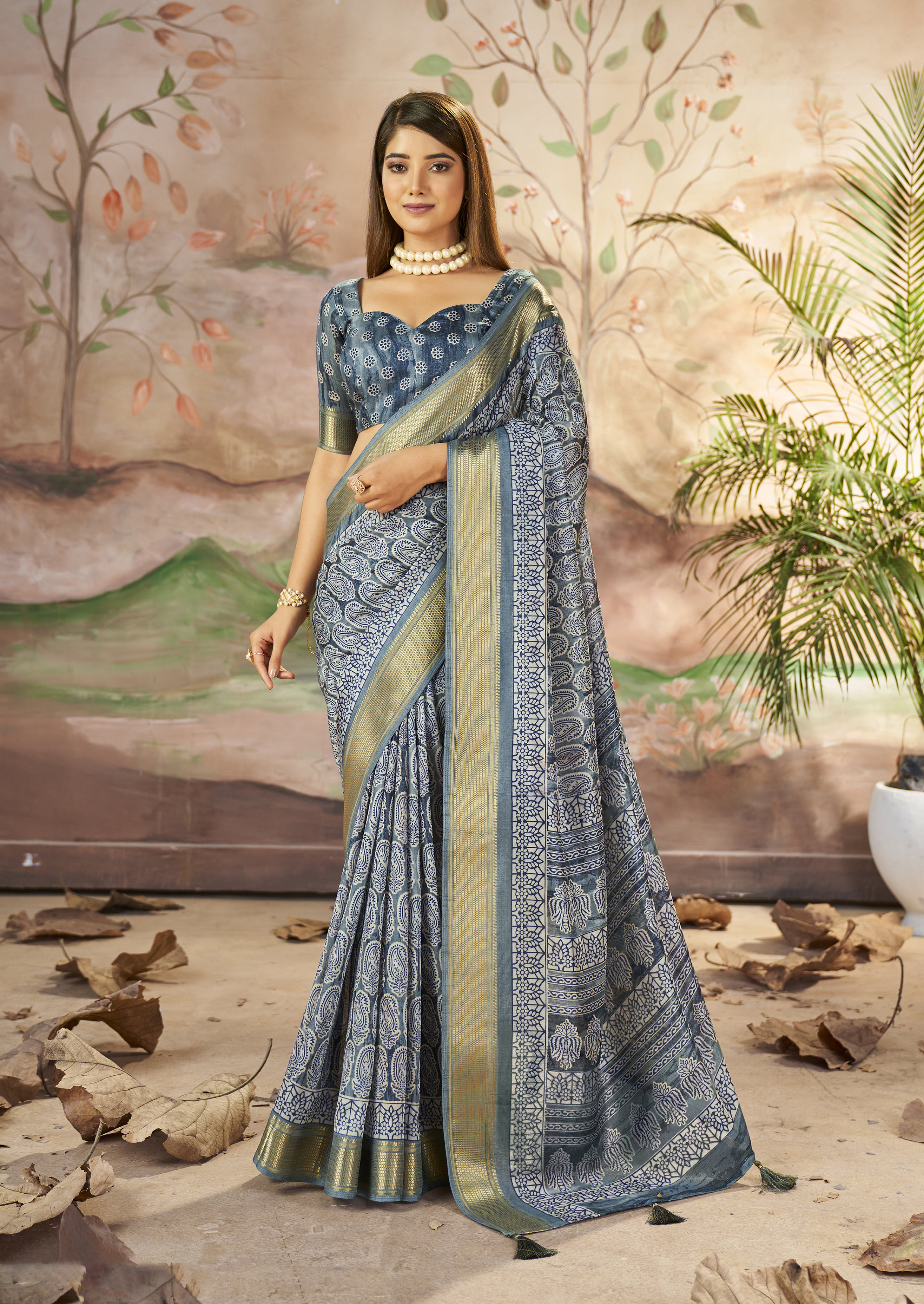 Regent Blue Designer Printed Dola Silk Saree