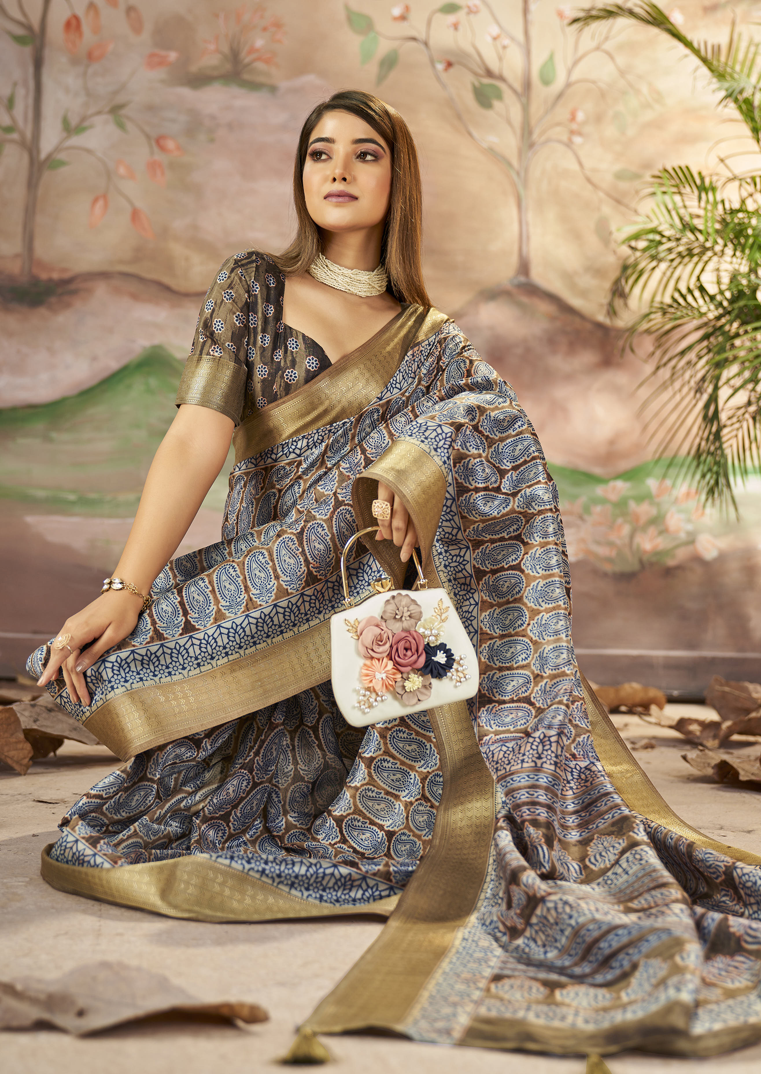 Hurricane Grey Designer Printed Dola Silk Saree