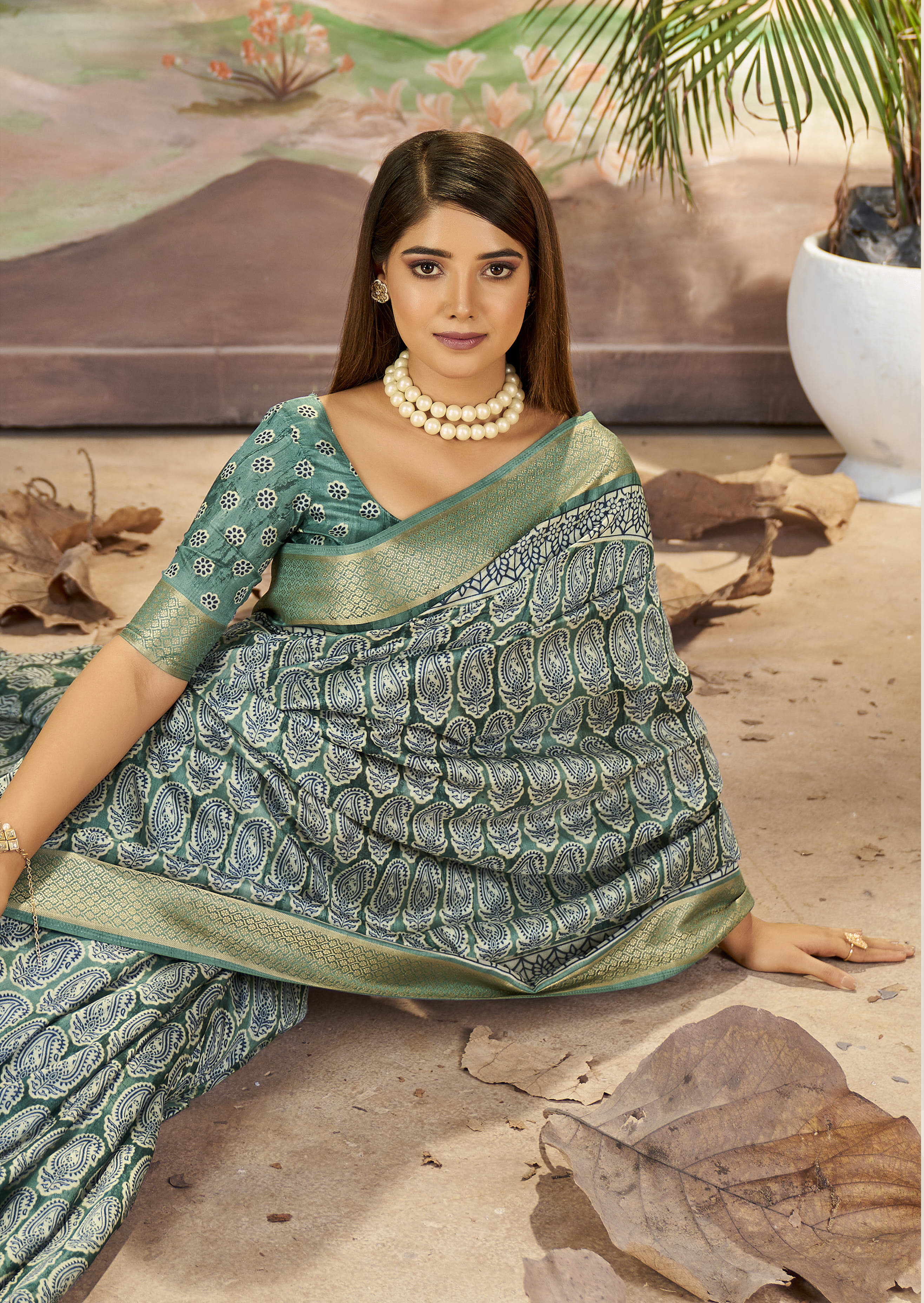 Envy Green Designer Printed Dola Silk Saree