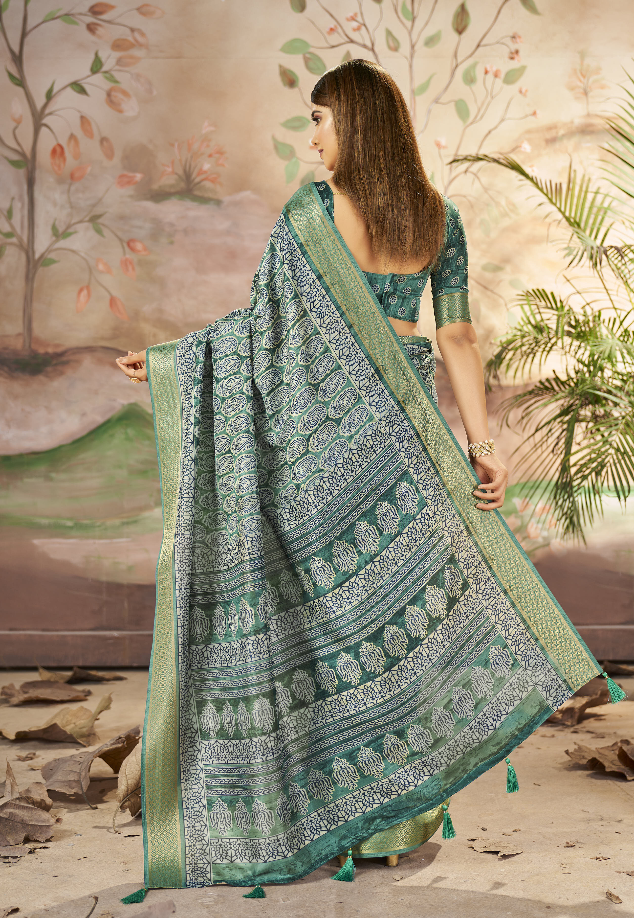 Envy Green Designer Printed Dola Silk Saree