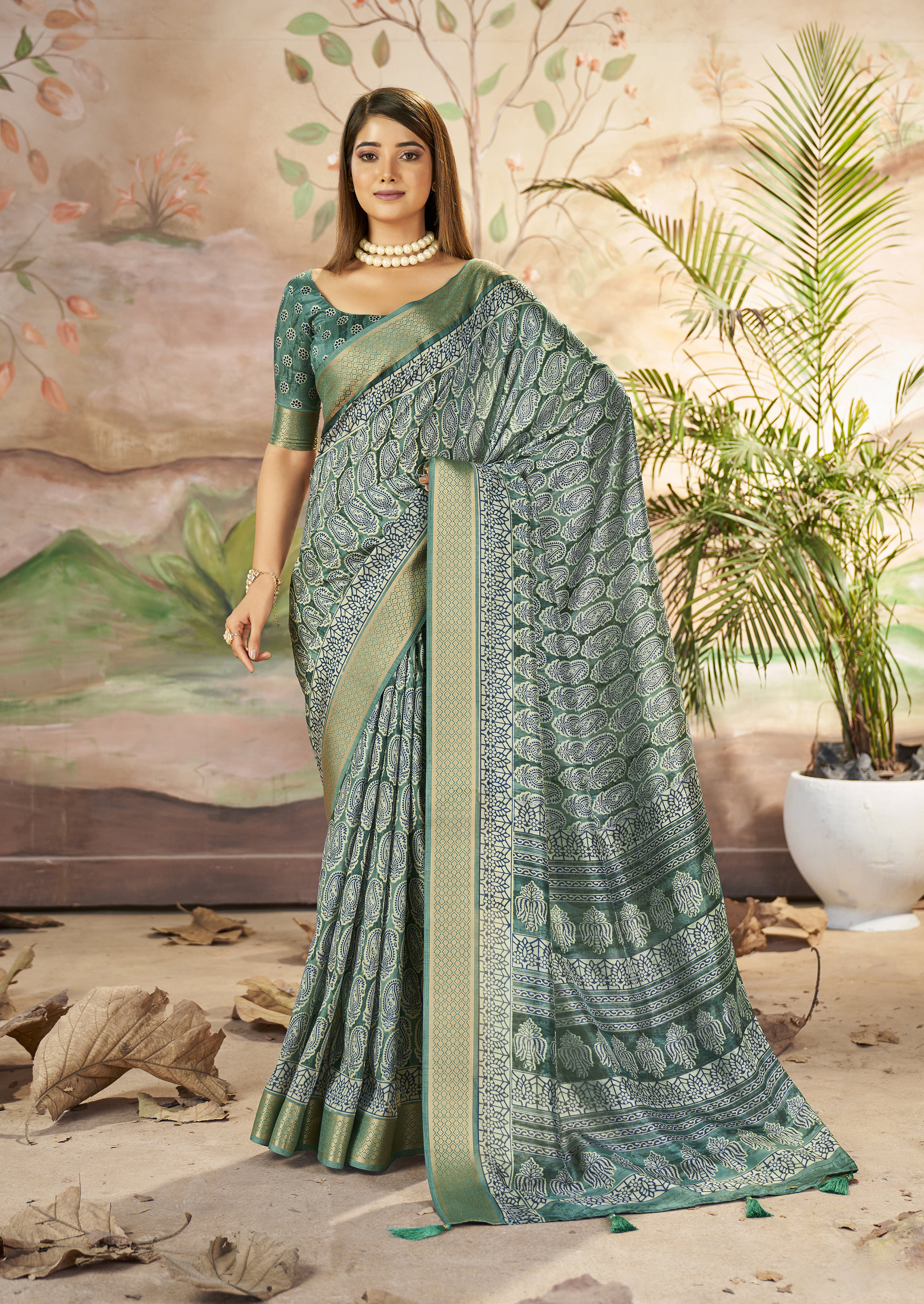 Envy Green Designer Printed Dola Silk Saree