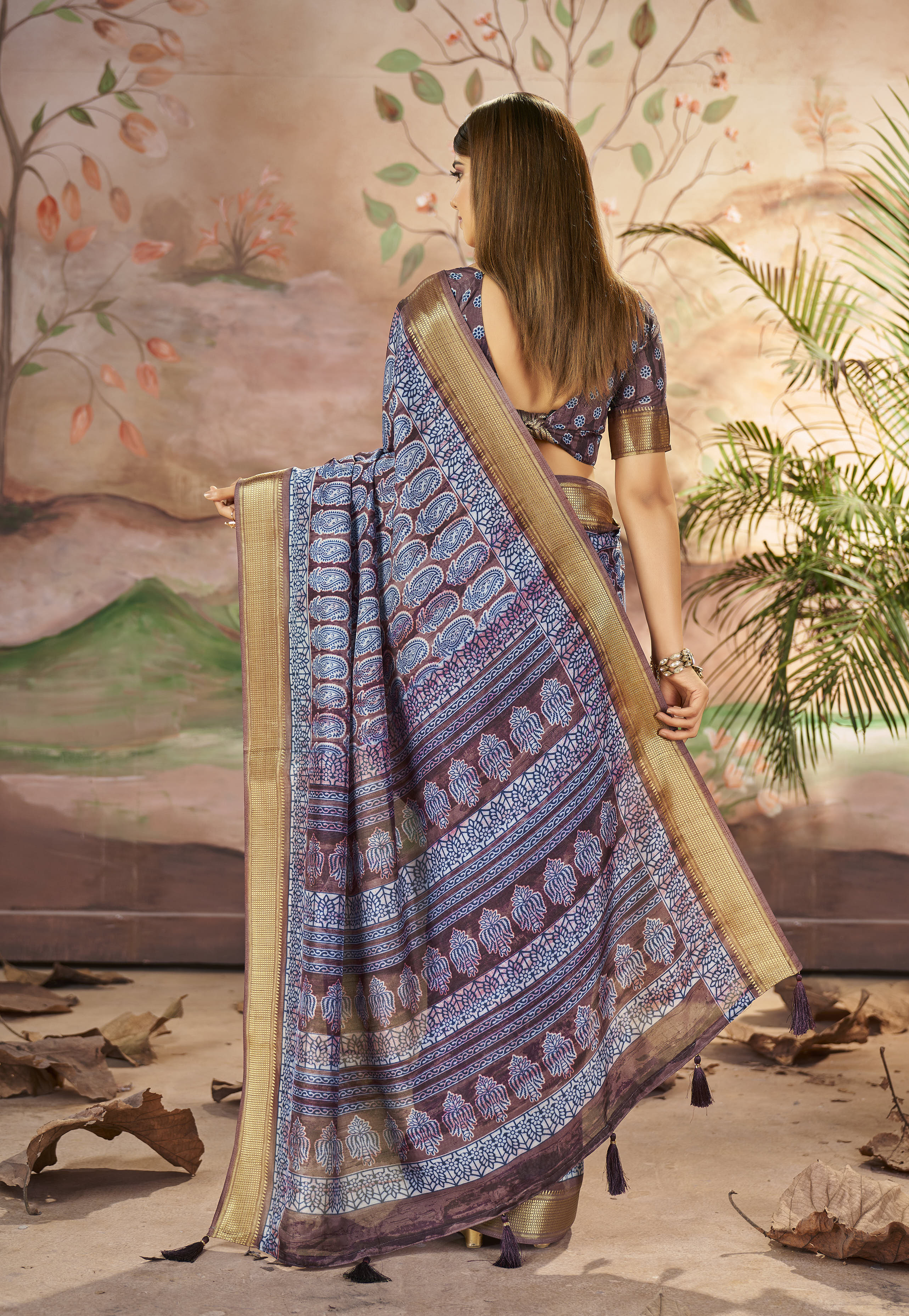 Mulled Wine Blue Designer Printed Dola Silk Saree