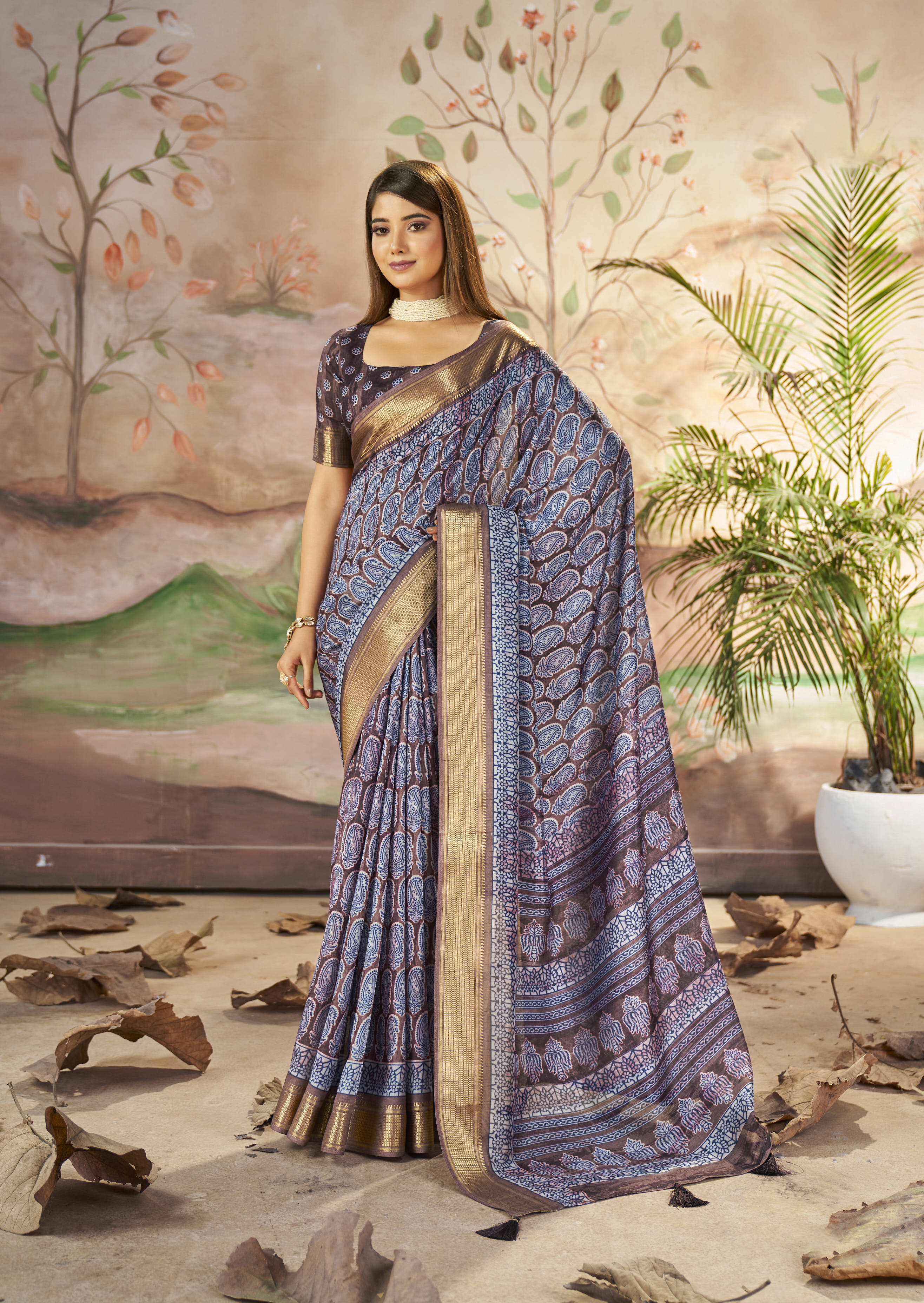 Mulled Wine Blue Designer Printed Dola Silk Saree