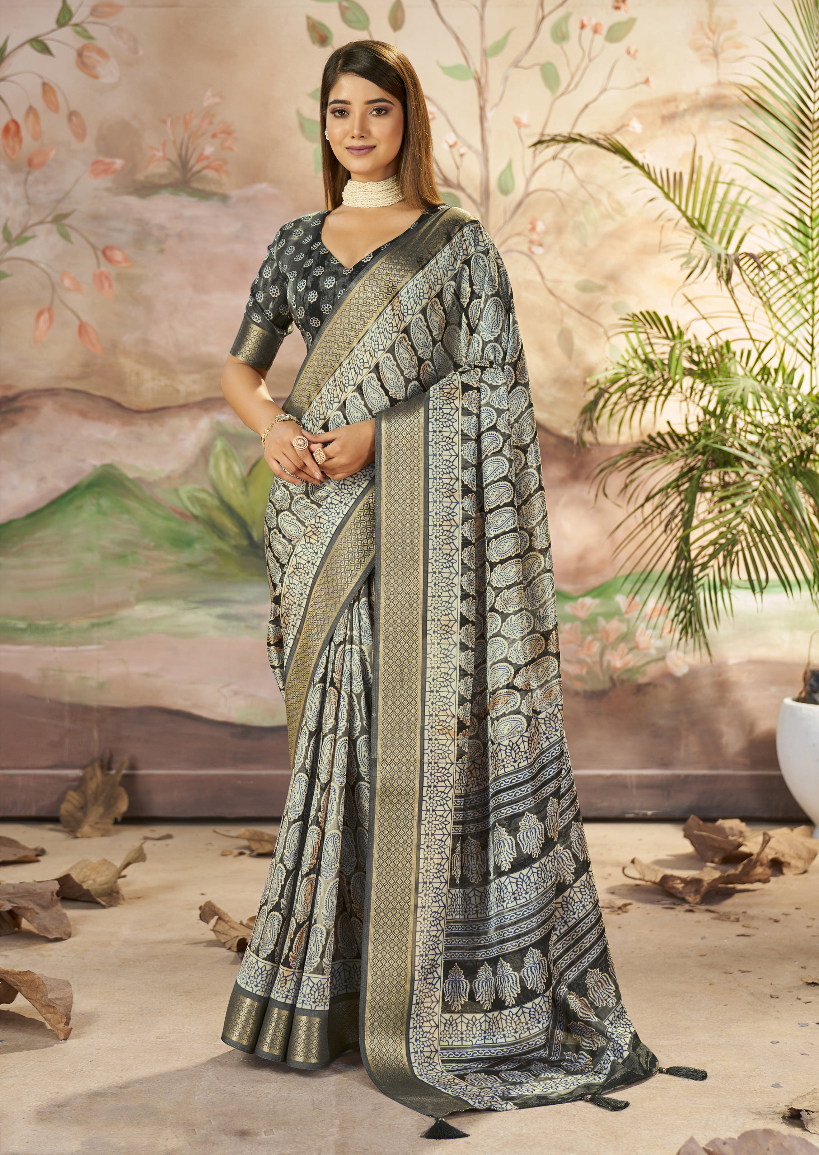 Delta Green Designer Printed Dola Silk Saree